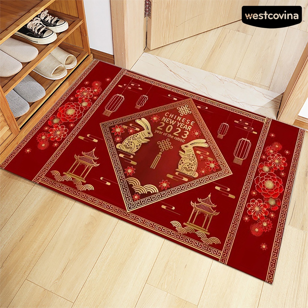 [Hot]☃Thảm Chùi Chân Chống Trượt Bằng Polyester Mềm Mại Họa Tiết Thỏ Phong Cách Trung Hoa