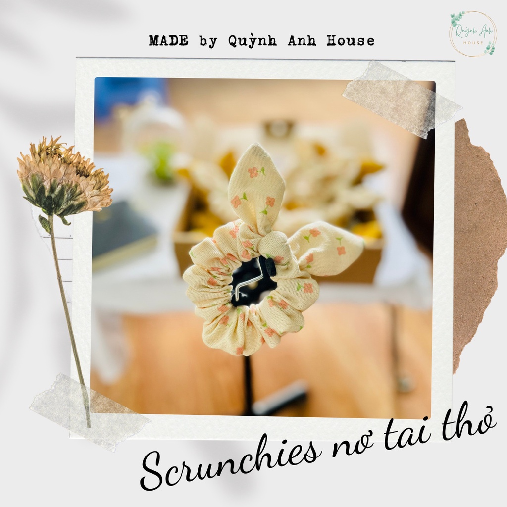 Dây buộc tóc Scrunchies handmade hoa nhí mini kèm nơ tai thỏ - QA1001
