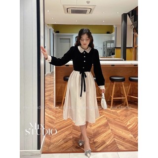 Váy áo nhung phối chân be