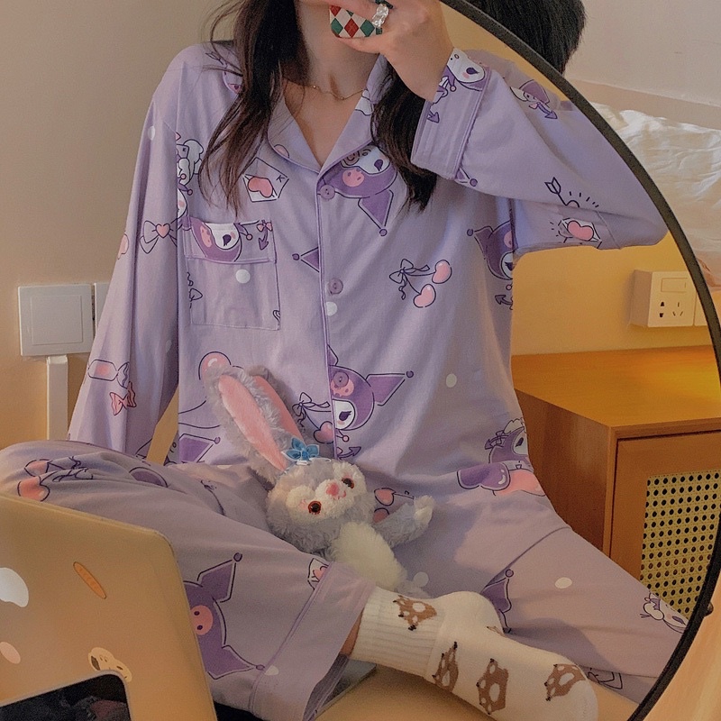 Bộ Đồ Ngủ Pijama Tay Dài In Họa Tiết Hoạt Hình Kuromi Dễ Thương
