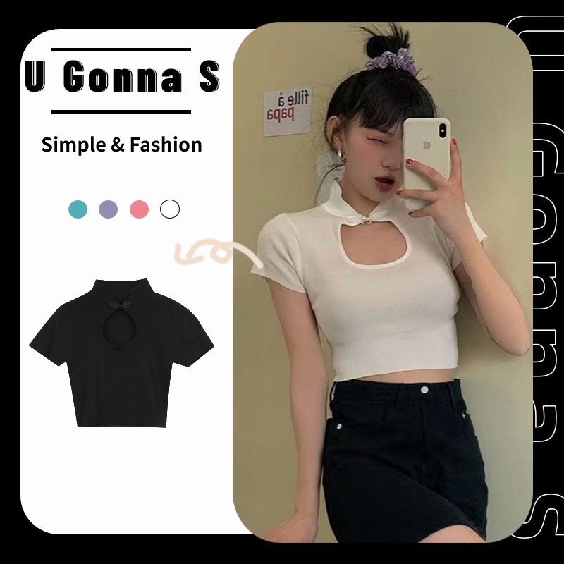 U Gonna S Áo thun nữ tay ngắn chặt đường viền cổ rỗng dệt kim phong cách cổ điển Nóng kiểu Trung Quốc Siêu mềm 6 màu