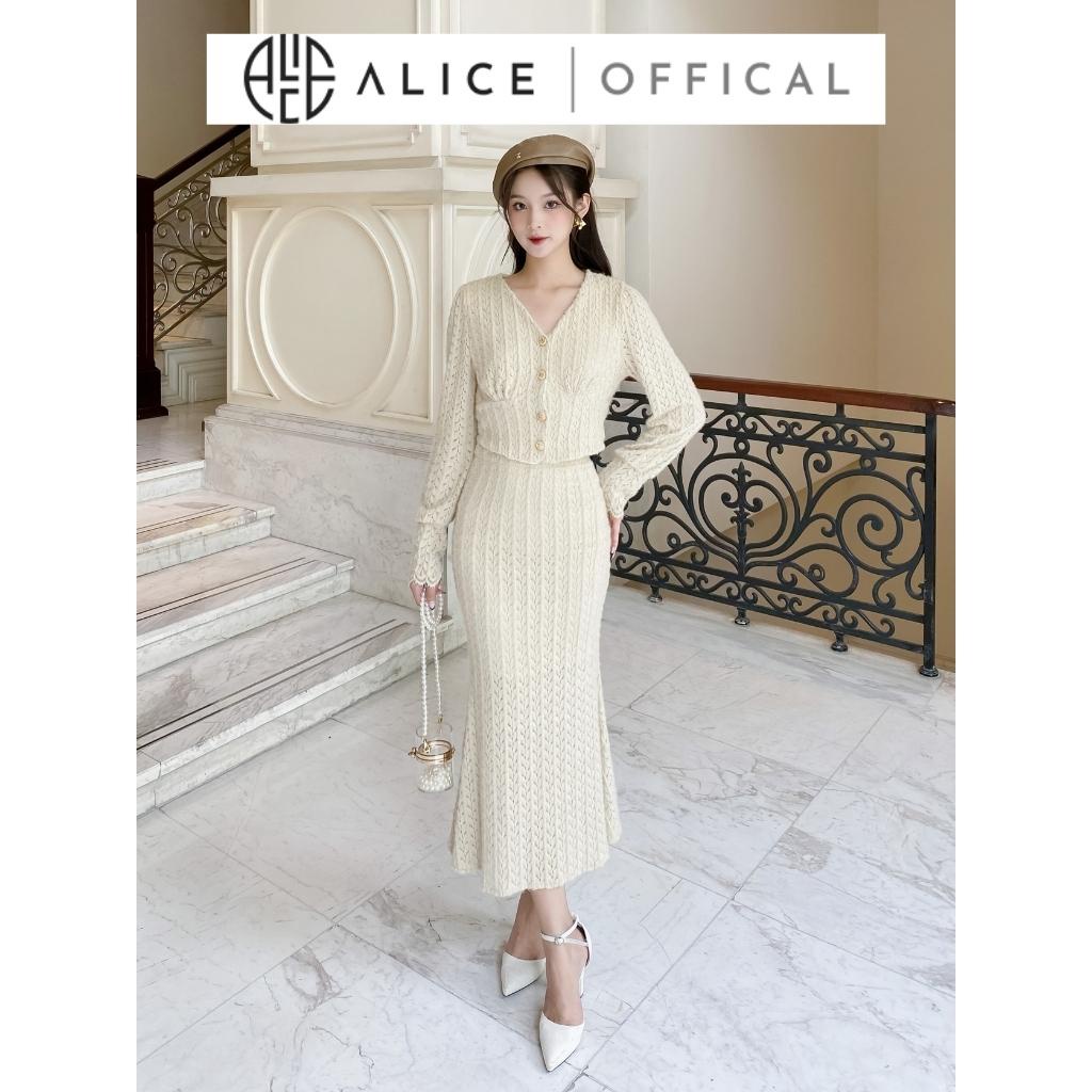 Set Ren Lông Cao Cấp ALICE Áo Croptop Cài Cúc Đồng Kèm Chân Váy Đuôi Cá Có Lót Lụa Mềm Mịn Thanh Lịch Tôn Dáng S227