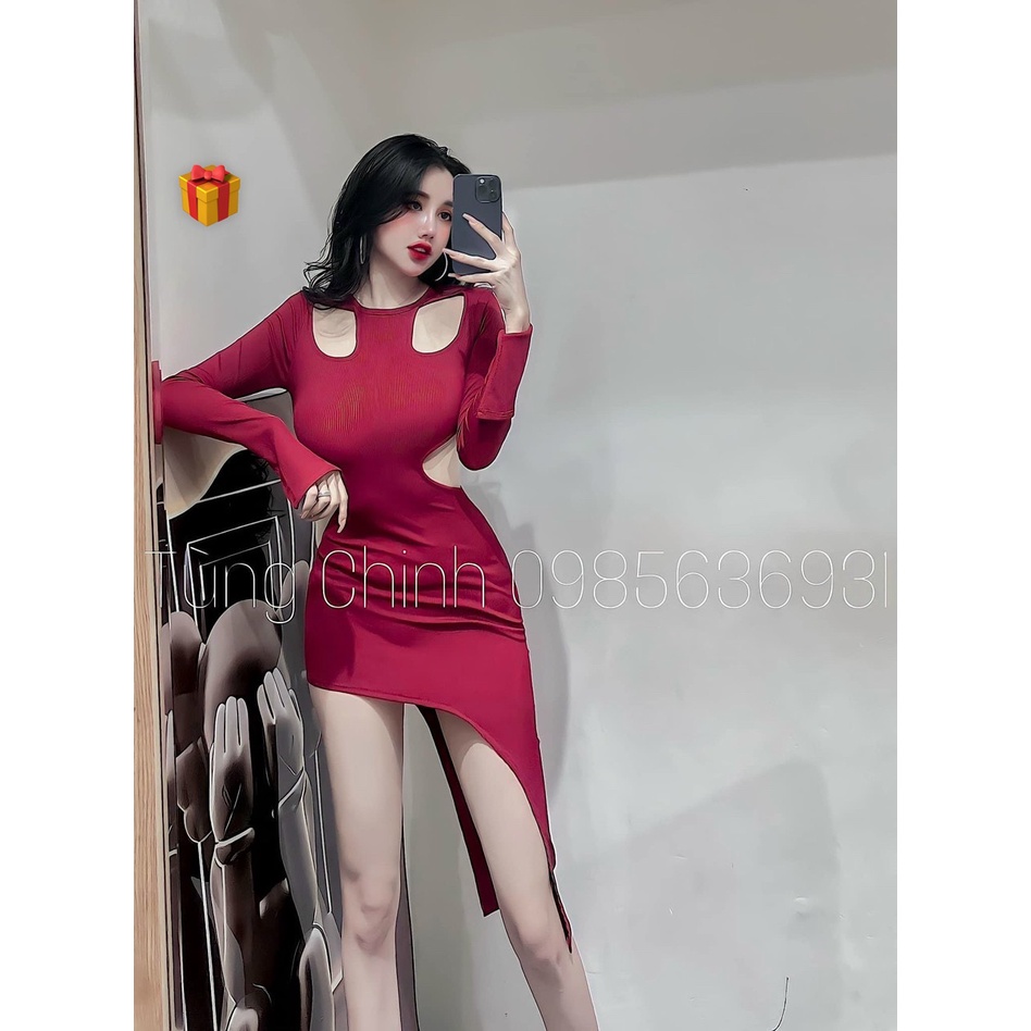 Đầm tay dài khoét 2 bên vai ôm body hở eo ra lưng xéo tà sexy , chất thun gân mềm mịn