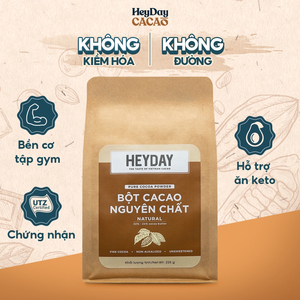 Bột cacao nguyên chất 100% Heyday - Dòng Natural thuần tự nhiên, không kiềm hoá - Túi giấy 225g - Chuẩn UTZ Quốc Tế