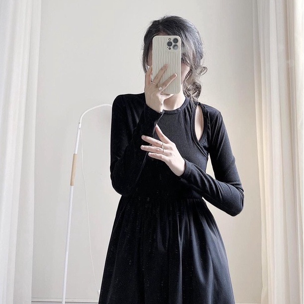 Váy xòe dáng dài, đầm nữ dài tay khoét vai midi trơn basic hàn quốc dài qua gối freesize hàn quốc Ylydress C1232