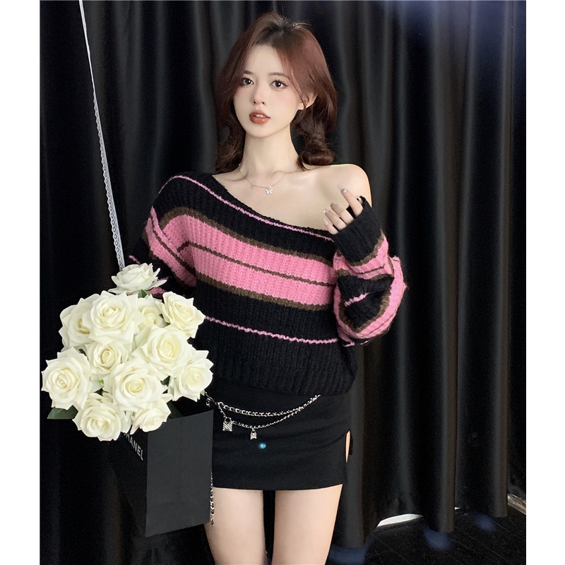 Áo Sweater Dệt Kim Dáng Rộng Ngắn Họa Tiết Kẻ Sọc Thời Trang Cho Nữ