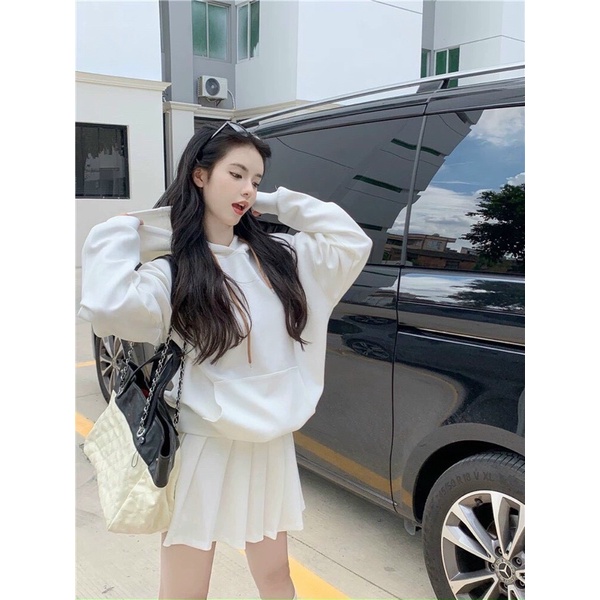 Set áo hoodie trơn + chân váy tennis trắng