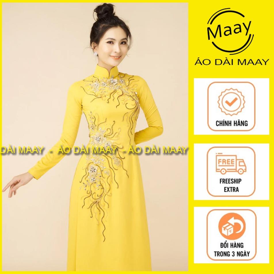 Áo dài trung niên vàng đính kết ngọc phối đá cao cấp, áo dài tặng mẹ