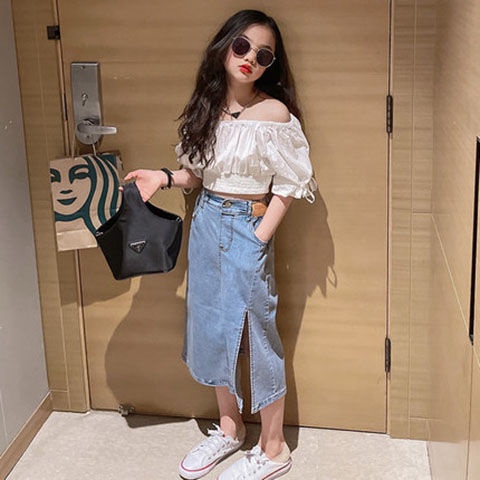 Set Áo Thun Tay Ngắn + Chân Váy Denim Phong Cách Mùa Hè Mới Cho Bé Gái 3-5 - 8-10 - 12-13 Tuổi/083