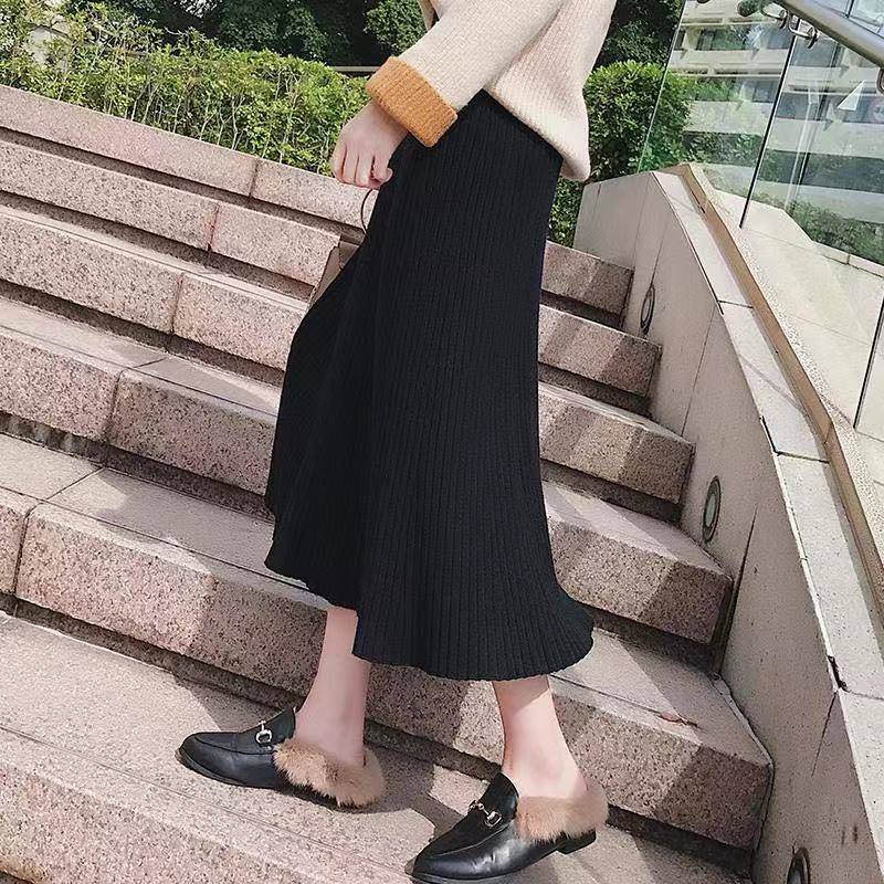 Chân váy xếp ly  chân váy dài đầm nữ Chân Váy Len Chữ a Lưng Cao Màu Đen Thời Trang Thu Đông 2021 Cho Nữ