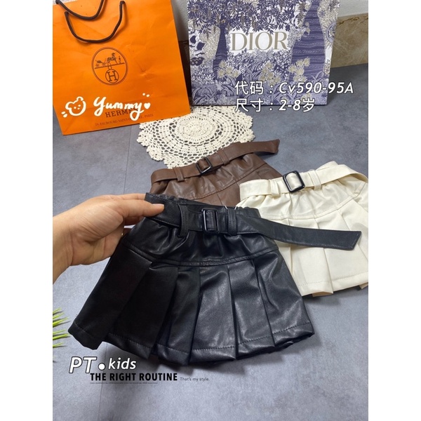 Chân váy da xếp ly kèm dây lưng xịn xò cho bé gái