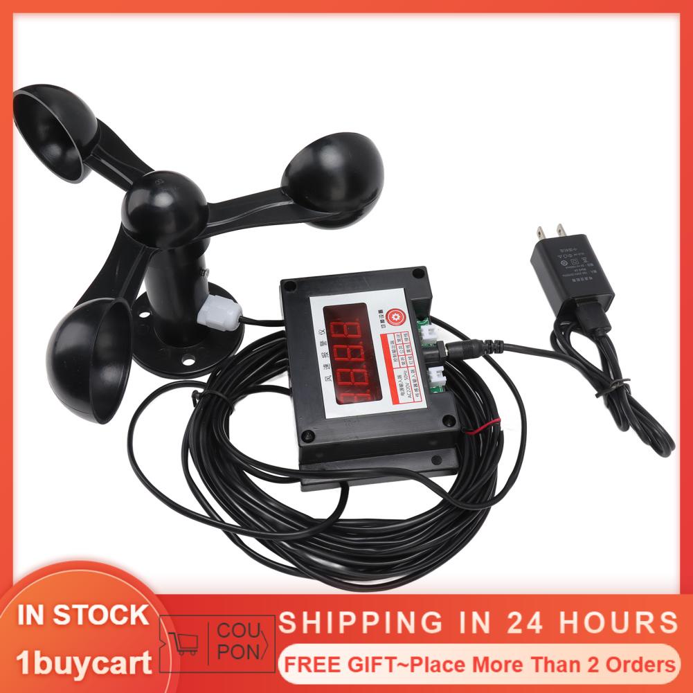 1buycart 3 Fan Blades Tower Crane Intelligent Alarm Anemometer High Accuracy Smart Wind Speed Meter US Plug 100‑240V