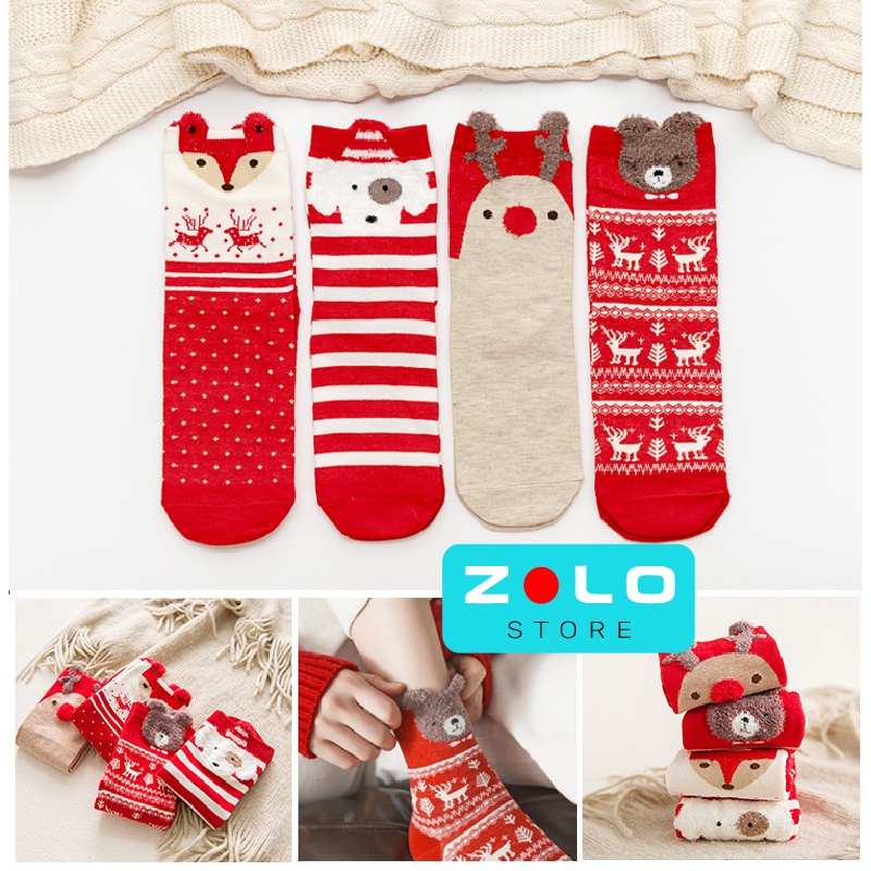 Tất noel nam nữ cổ cao, vớ noel trang trí set 4 đôi cổ cao ZOLO STORE dễ thương màu đỏ, vàng, ghi, xanh, làm quà tặng