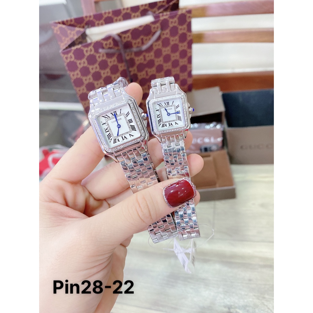Đồng Hồ Nữ Catier panthere Dây Thép - Viền Nạm Đá - Size 22/28mm