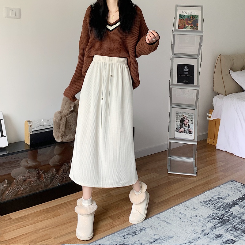 Ethelgirl Chân Váy Midi Chữ A Lưng Cao Dáng Rộng Xẻ Tà Vải Nhung 3 Màu Sắc Tùy Chọn Phong Cách Hàn Quốc Cho Nữ