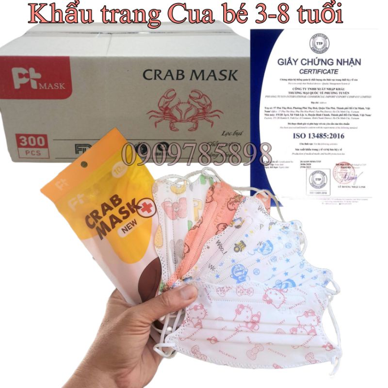 [Túi 10 cái] Khẩu trang Cua PT Mask -Crab Mask New trẻ em, 4 lớp kháng khuẩn phù hợp bé 3-8 tuổi(có chứng từ Y Tế)