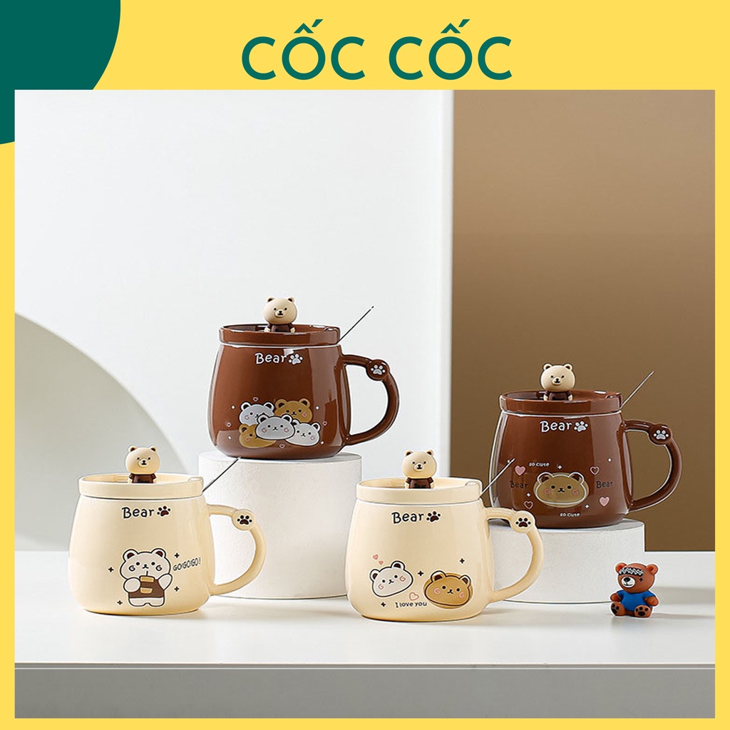 Cốc ly sứ Gấu nâu Go Go Cốc Cốc dung tích 400ml kèm nắp 3D và thìa đựng nước, trà, cafe,quà tặng, dùng hàng ngày-Cốc Cốc