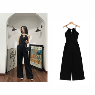 Bộ Jumpsuit quần suông áo yếm liền quần, Sét áo liền quần nữ dài vải linen mềm mát không nhăn hàng sẵn màu đen