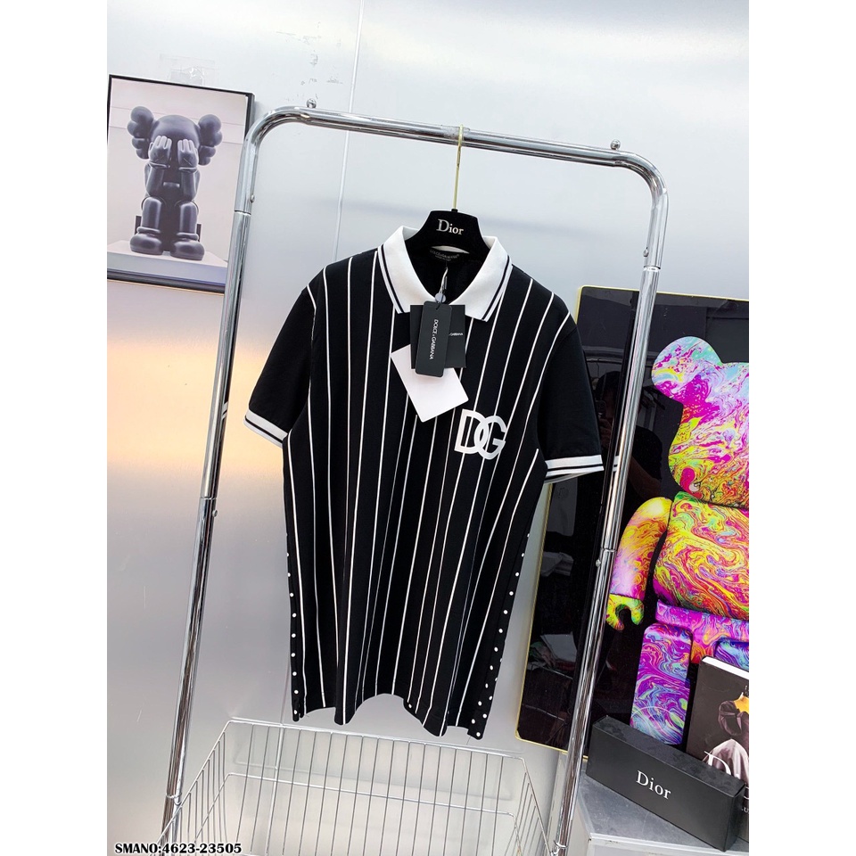 Áo Polo Nam DG Logo Trắng Chất Cotton Lạnh - Áo Phông Cổ Bẻ Nam DG Viền Dọc Siêu Hot