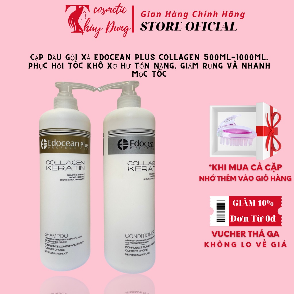 Cặp dầu gội xả Edocean Plus Collagen 500ml-1000ml. Phục hồi tóc khô xơ hư tổn nặng, giảm rụng và nhanh mọc tóc