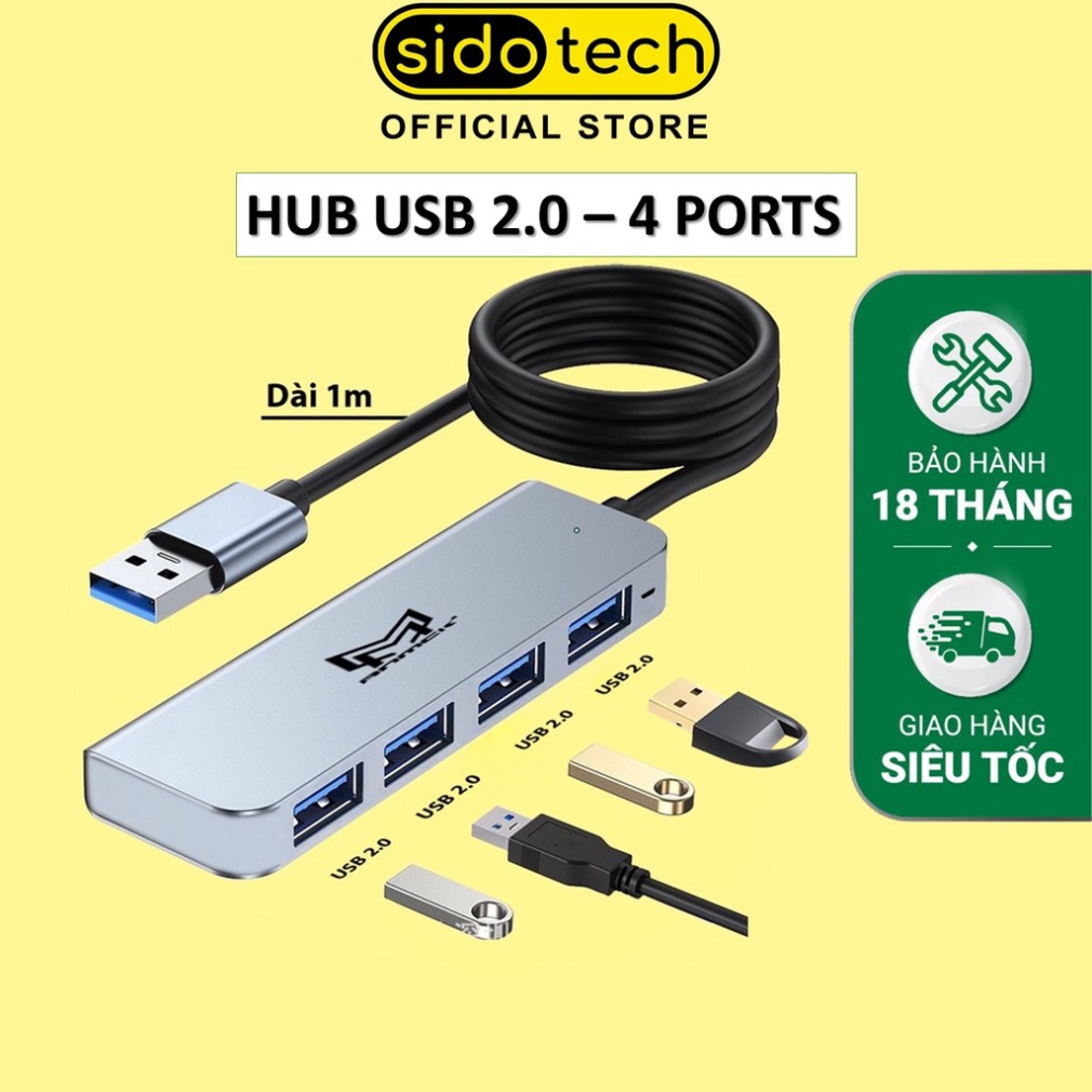 HUB USB 2.0 SIDOTECH 4 cổng dây dài 1m bộ chia chuyển đổi 4 port mở rộng kết nối tốc độ cao dành cho máy tính laptop - H