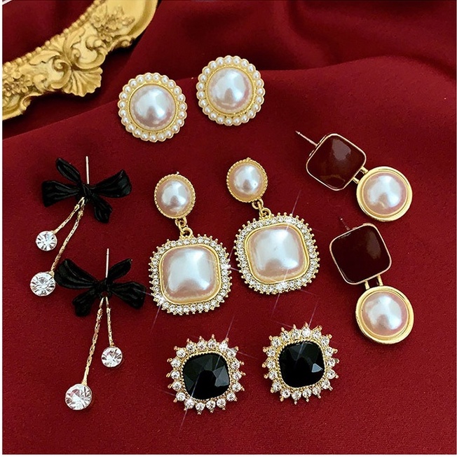 (5 Chiếc) Bông Tai Ngọc Trai Đỏ Phong Cách Hàn Quốc Cổ Điển Mẫu Mới 2023