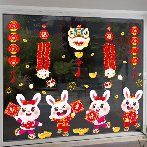 Decal trang trí Tết - Trung Thu hít tĩnh điện - Những chú thỏ cầm bảng Năm Mới Vui Vẻ