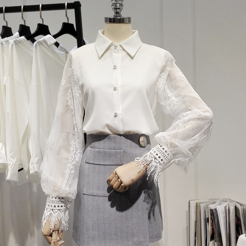 Áo Sơ Mi Chiffon Tay Dài Phồng Phối Ren Rỗng Thời Trang Hàn Quốc 2022 Mới