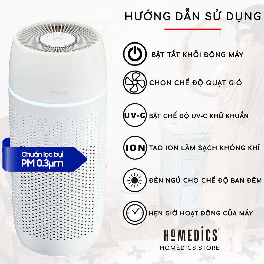 Máy lọc không khí khử mùi và lông động vật Homedics AP-PET35-WT của Nhà HT Beauty, màng lọc Hepa loại bỏ 99% vi khuẩn