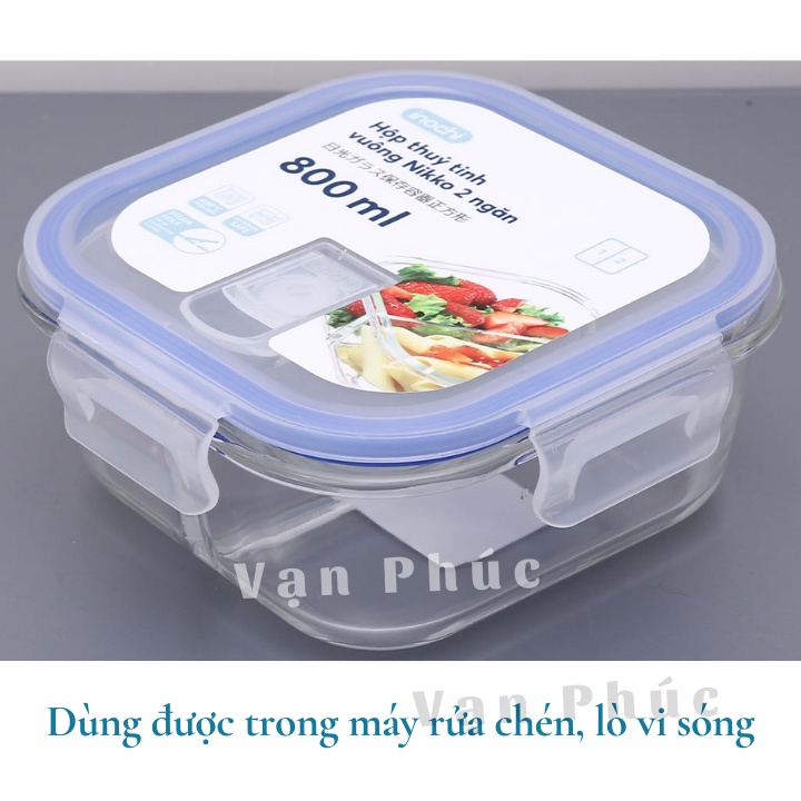 Hộp thủy tinh vuông 3 ngăn 800ml chịu nhiệt 400 độ C, đựng cơm văn phòng, không rỉ nước, hộp thủy tinh có nắp