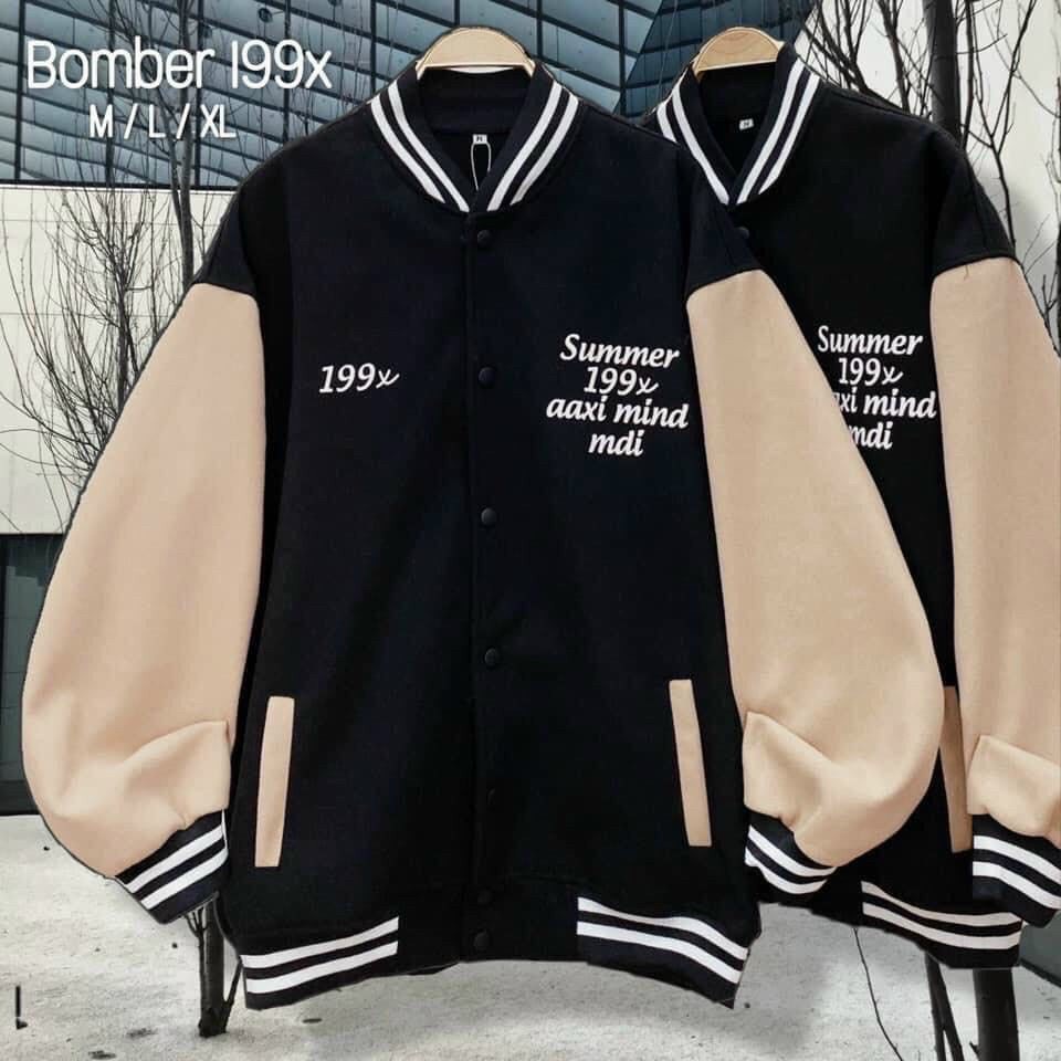 Áo Khoác Nỉ Bomber Nút Bấm Tay Phối Màu In Chữ SUMMER 199X, Áo Bomber Nỉ Phối Đồ Dể Thương Phong Cách Trẻ Trung Cá Tính