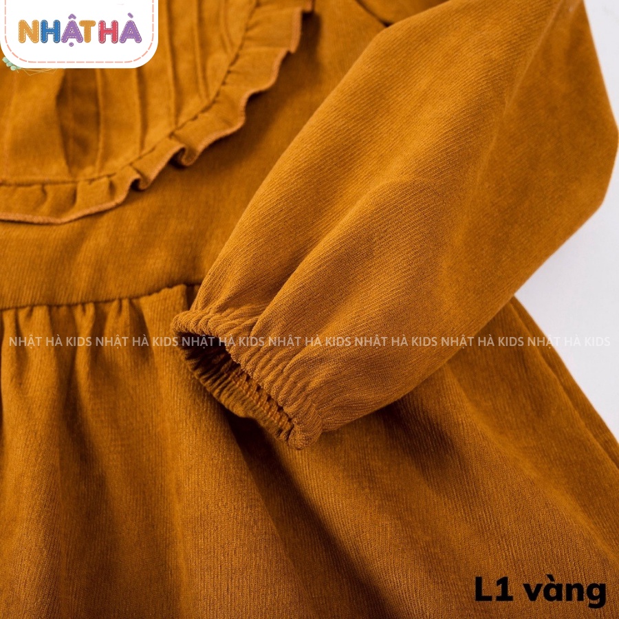 Váy nhung bé gái thu đông L1 cổ bèo tròn dáng xòe 2 tầng chất liệu nhung tăm size đại 11- 45kg