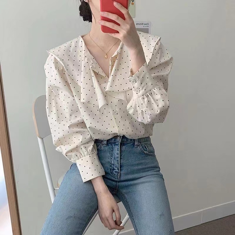 SUXI Áo Sơ Mi Tay Dài Phồng Cổ Búp Bê Họa Tiết Chấm Bi Phong Cách Hàn Quốc Thời Trang Xuân Thu