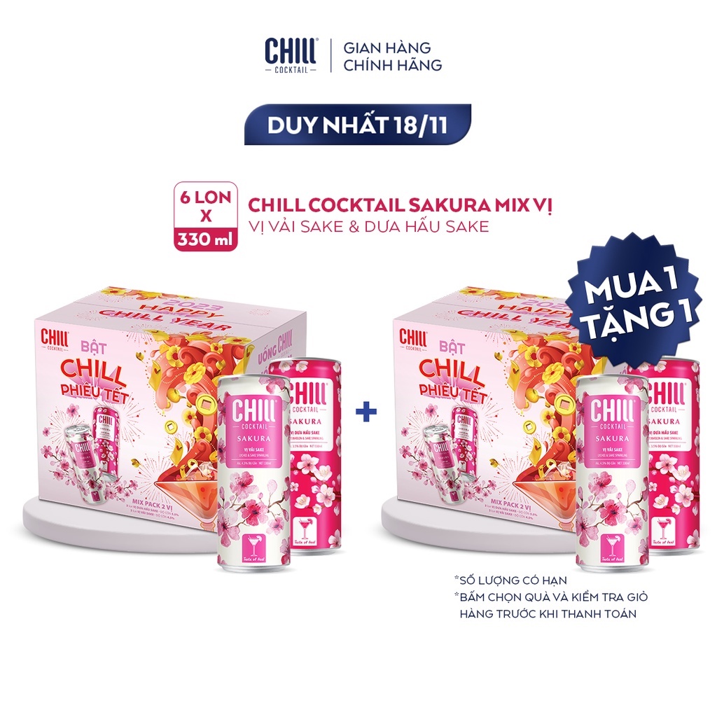 Thùng 6 lon Chill Cocktail Sakura mix vị Vải Sake & Dưa Hấu Sake (330ml/lon)