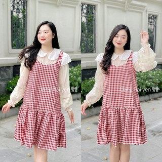 Váy dạ đuôi cá Vyan kẻ đỏ đô tay bồng tiểu thư đính đá sang trọng