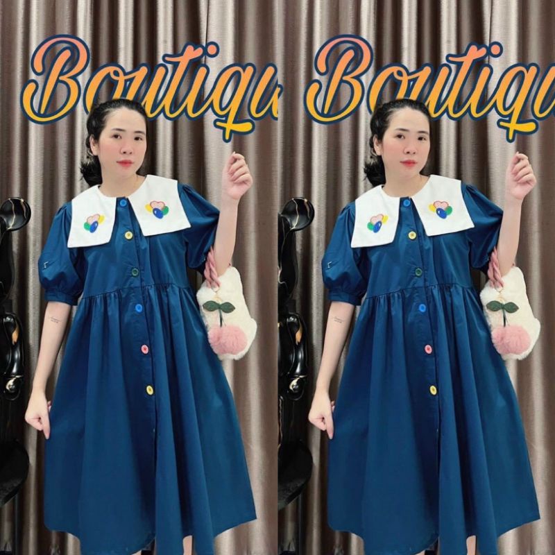 A62 Đầm Babydoll Cổ Thêu Hoạ Tiết Cute