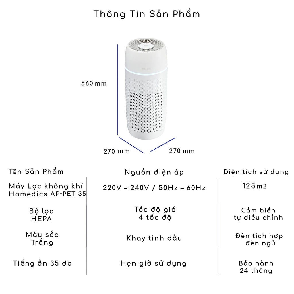Máy lọc không khí khử mùi và lông động vật Homedics AP-PET35-WT của Nhà HT Beauty, màng lọc Hepa loại bỏ 99% vi khuẩn