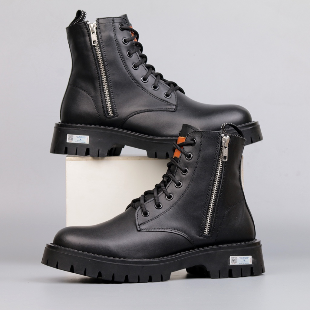 Giày Đốc cao cổ da bò nguyên tấm khóa kéo tiện lợi đế đúc cao su tăng 6cm - Combat Boots