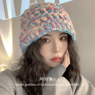 [Miss Koi] Mũ Len Dệt Kim Dày Dặn Màu Cầu Vồng Phong Cách Retro Mùa Thu Đông Hợp Thời Trang Cho Nữ