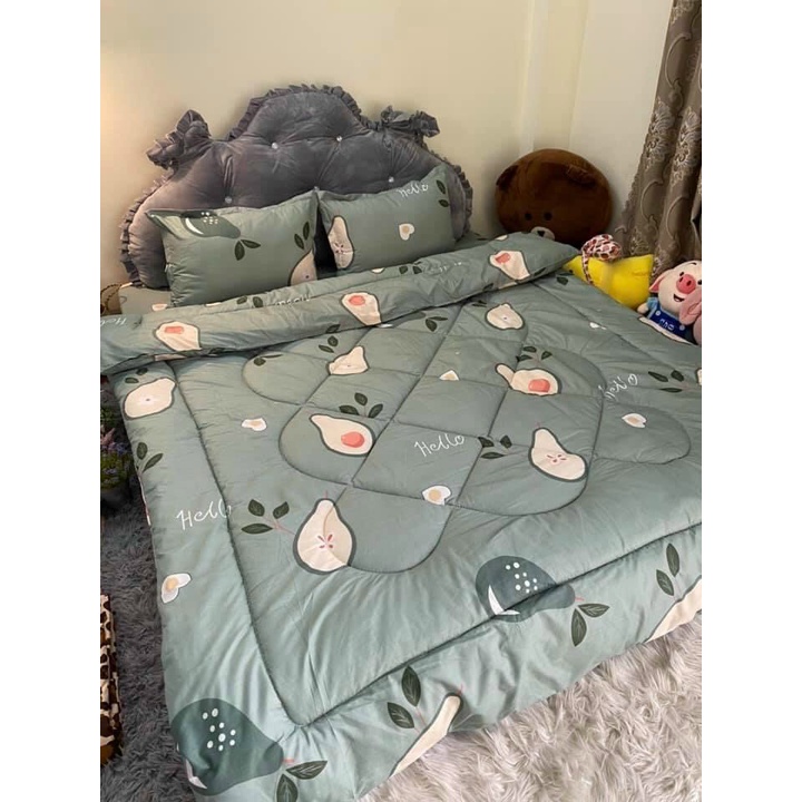 (Freeship 50k)  Full Set Chăn Phao 5 Món Ga Gối Poly loại 1 Chăn Bông Mẫu Thỏ Cute Tim Xanh Như Hình [Loại Bông Dày]