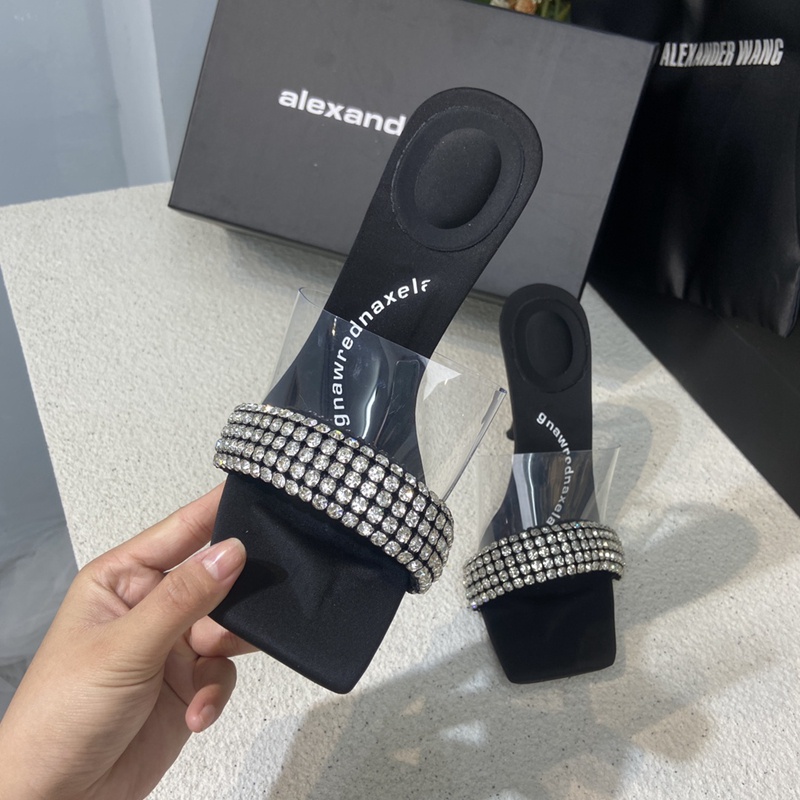 ALEXANDER WANG Alexander Dép Cao Gót 5 / 7 / 10cm Mũi Phẳng Đính Đá Kim Cương Màu Trơn Thoải Mái Thanh Lịch joker Đen