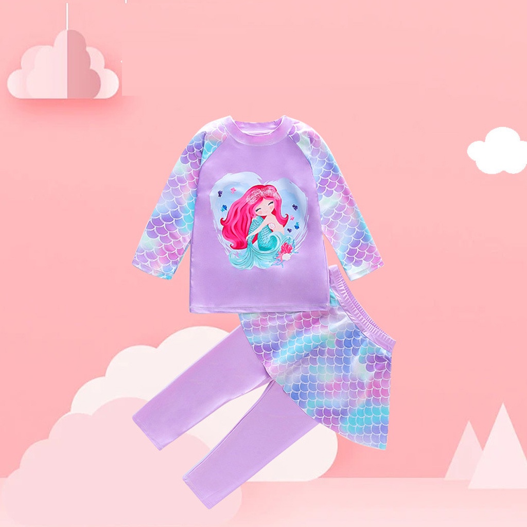 Bộ Đồ Bơi Bikini 2 Mảnh Tay Dài In Họa Tiết Nàng Tiên Cá Hoạt Hình Cho Bé Gái