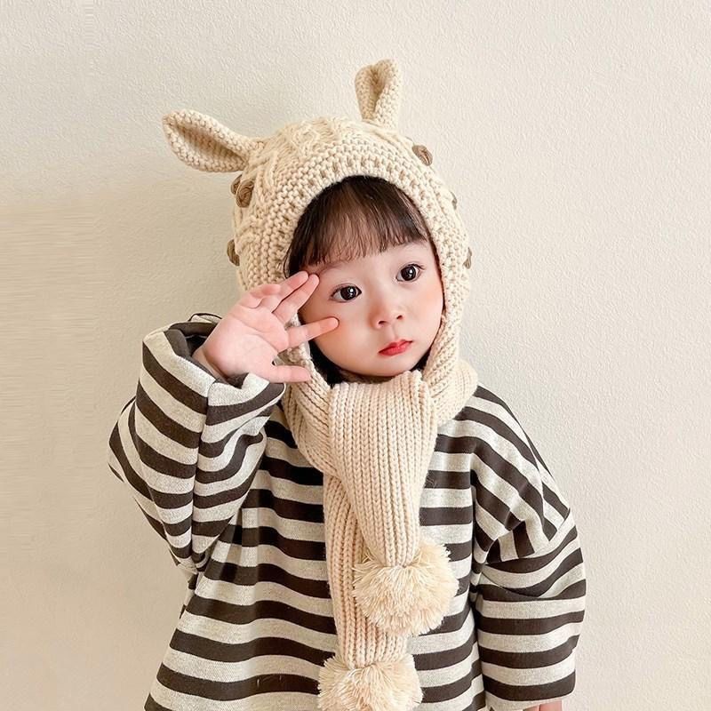 Mũ Len Kèm Khăn Choàng Một Mảnh Giữ Ấm Tai Phong Cách Hàn Quốc Cho Bé Gái