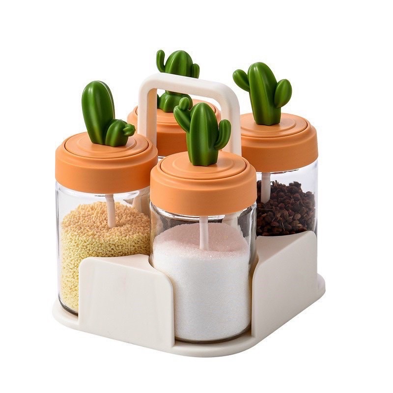 Set 4 Lọ Gia Vị Kèm Muỗng Hình Xương Rồng Có Quai Xách Tiện Lợi, Ron Cao Su Chống Tràn, Chất Liệu Thuỷ Tinh