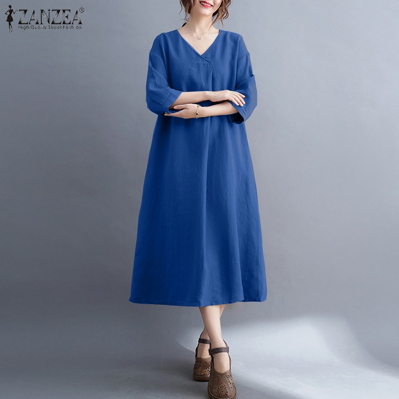 Đầm dài ZANZEA tay lửng cổ chữ V có túi thời trang cho nữ