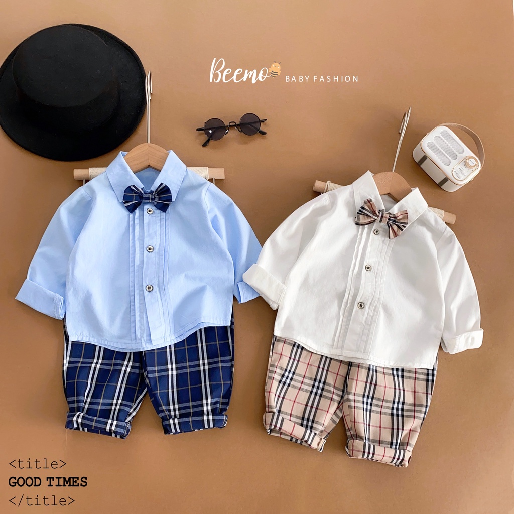 Set bộ sơ mi nơ quần kẻ Beemo phong cách cho bé trai