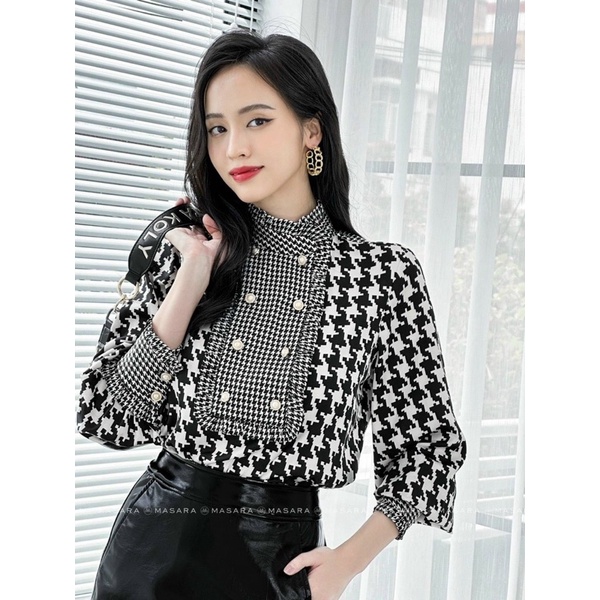 Áo sơ mi lụa kẻ mắt sói
