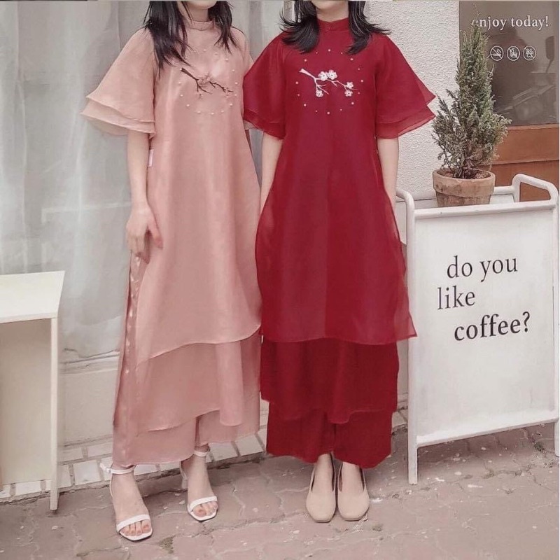 Áo dài cách Tân, áo dài hoa đào, mẫu hoa đào màu hồng tay cánh tiên-HS001