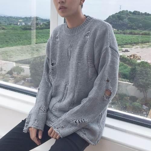 Áo Sweater Cổ Tròn Dáng Rộng Rách Cá Tính Phong Cách Hàn Quốc Thời Trang Thu Đông Mới 2022 Cho Nam