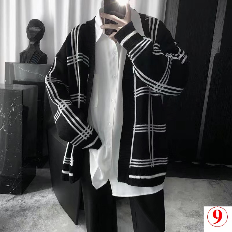 Áo Khoác Cardigan Dài Tay Form Rộng Họa Tiết Sọc Caro Phong Cách Hàn Quốc